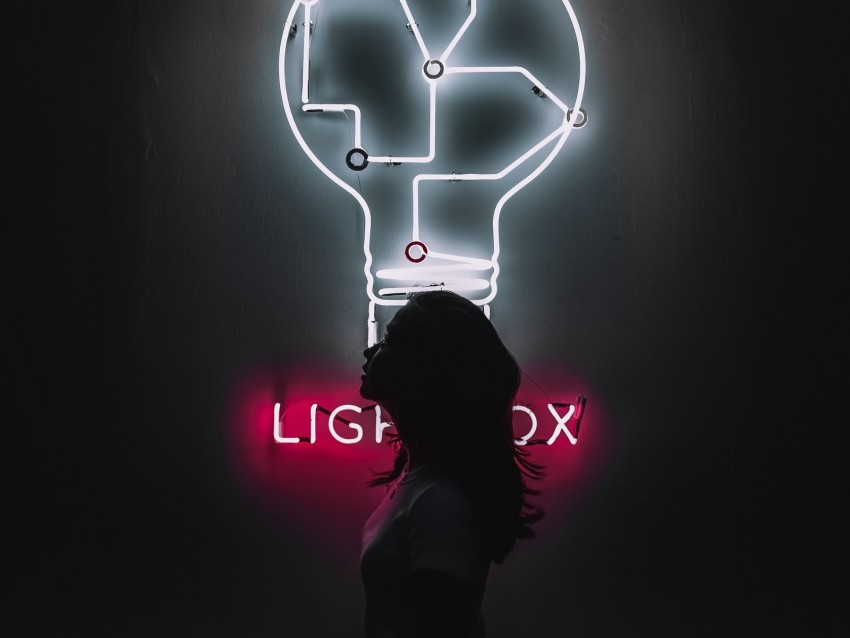 neon, silhouette, girl, light bulb, backlight