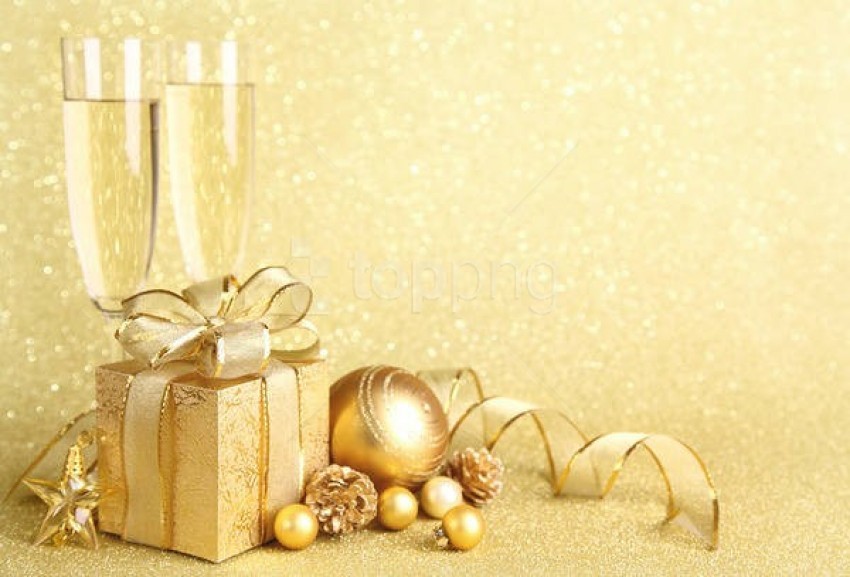 golden gift, festive decorations, shiny ornaments, sparkling background, holiday celebration, champagne glasses, decorative ribbons