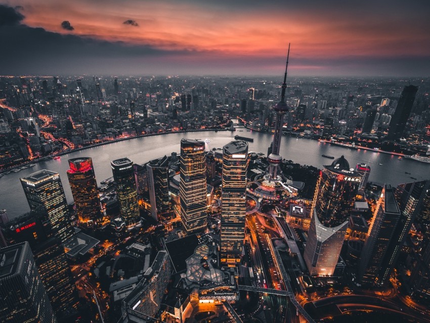 night city, aerial view, lights city, overview, shanghai, china