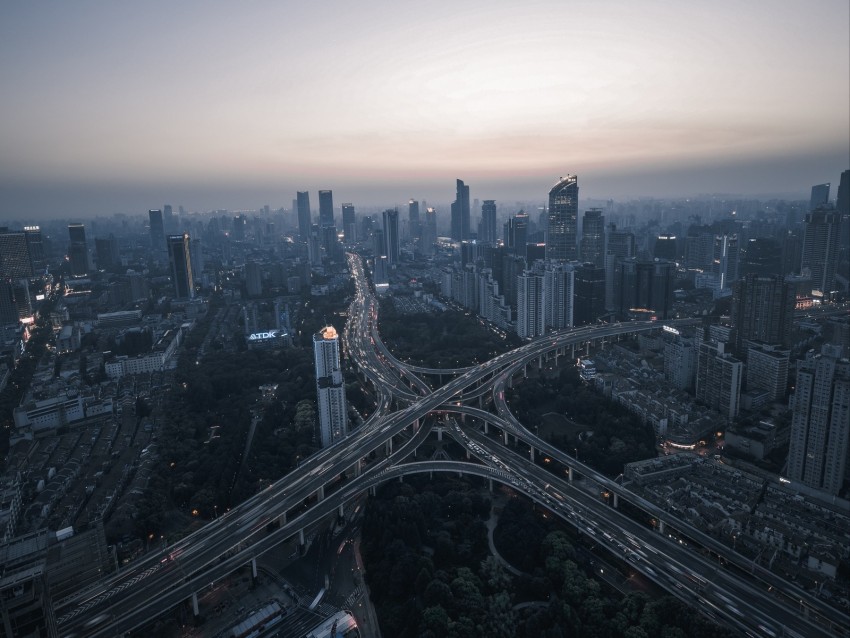 night city, aerial view, road, metropolis