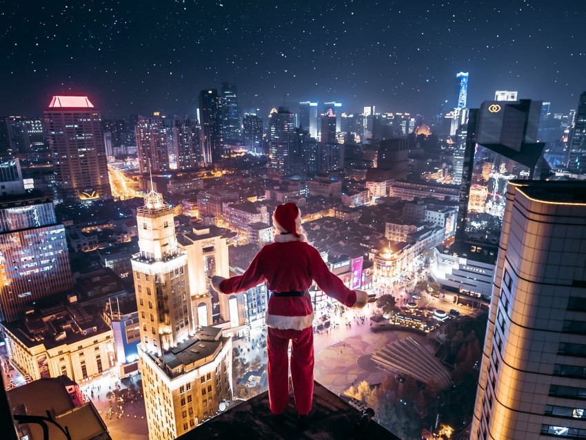 night city, aerial view, santa claus, loneliness, roof