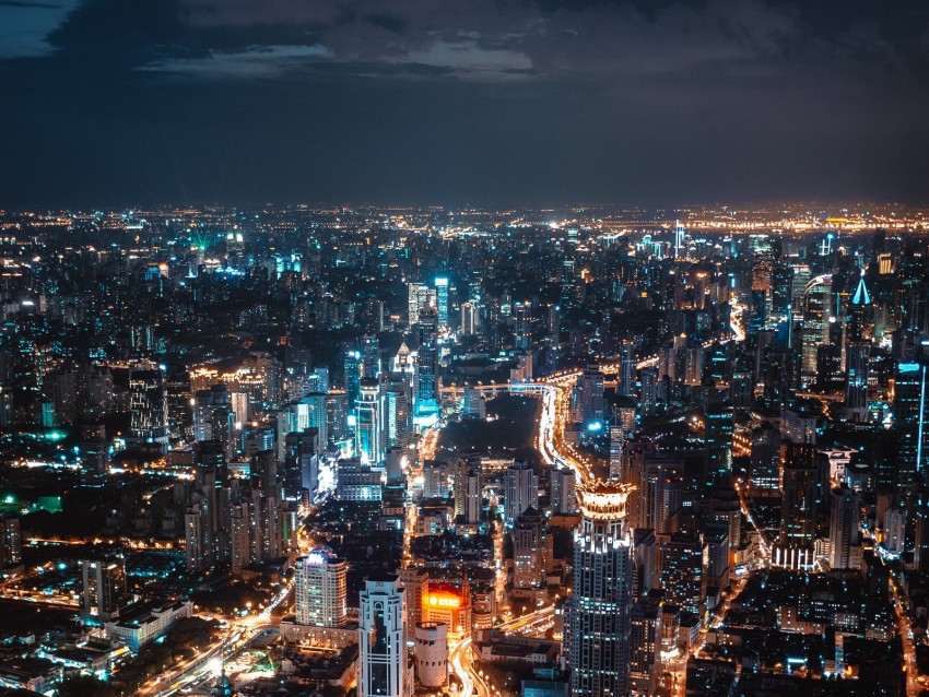 night city, aerial view, skyscrapers, city lights