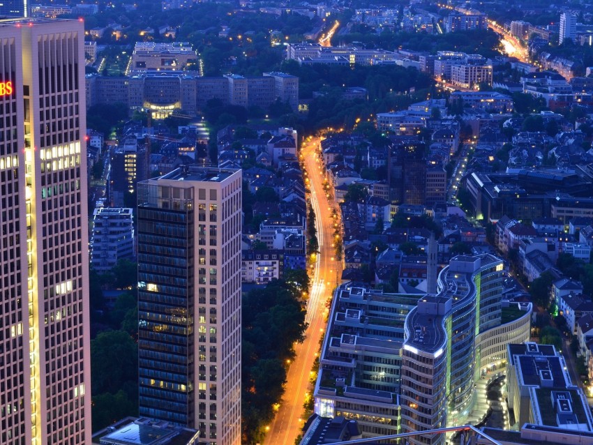 night city, aerial view, skyscrapers, city lights, frankfurt