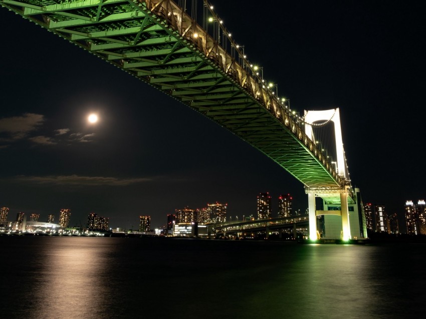 night city, bridge, city lights, lighting, tokyo