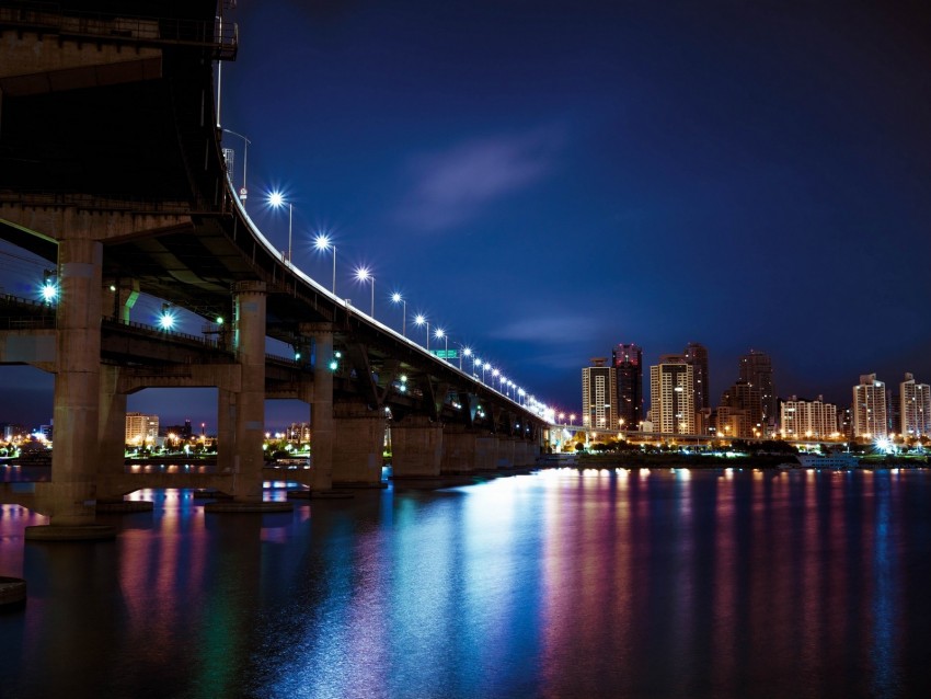 night city bridge city lights river light 4k wallpaper