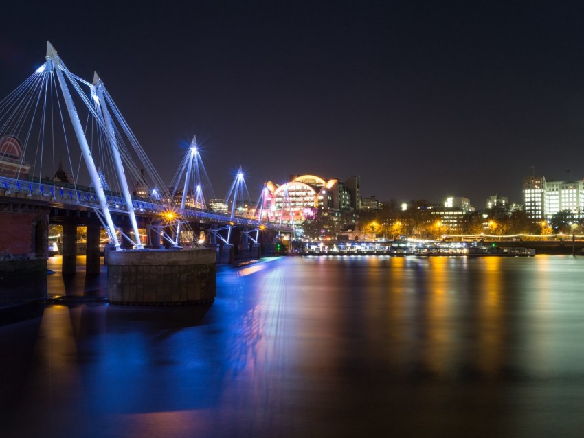 night city, bridge, river, architecture, lights, reflection