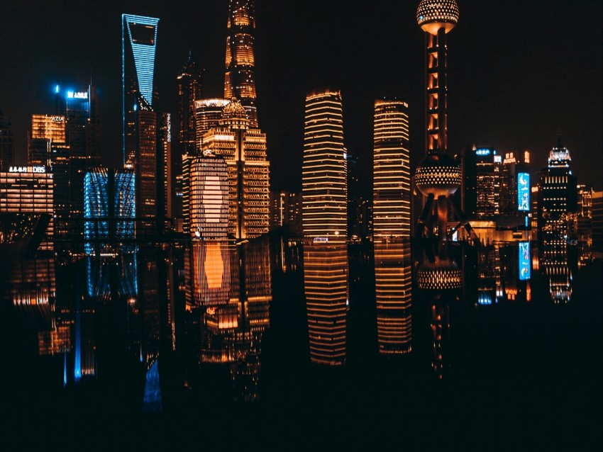 night city, buildings, architecture, dark, reflection