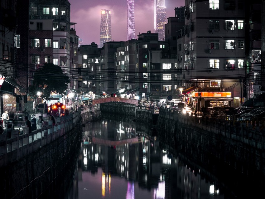 night city, buildings, canal, embankment, architecture, lights, reflection