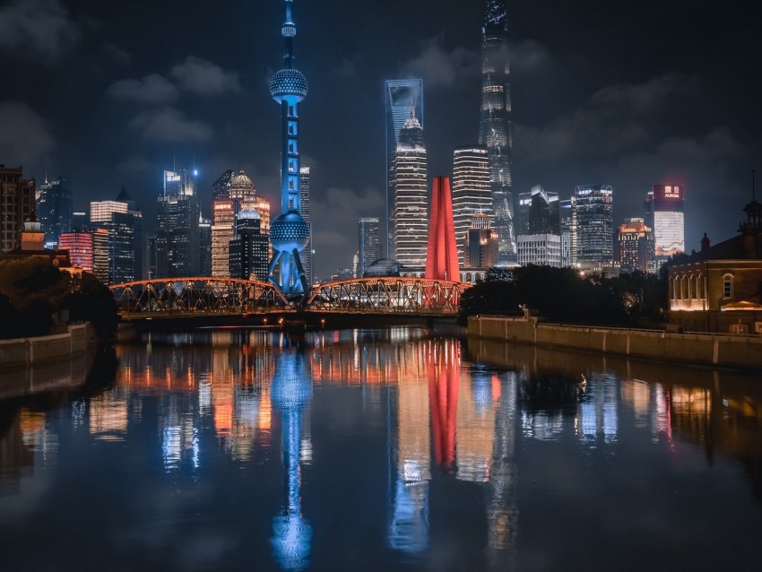 night city, buildings, river, lights, reflection