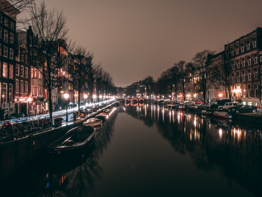 night city, canal, city lights, amsterdam, netherlands