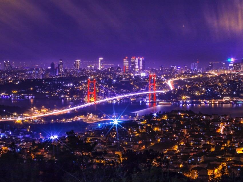 night city, city lights, bridge, aerial view, turkey