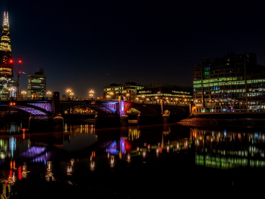 night city, city lights, bridge, river, thames, london, uk