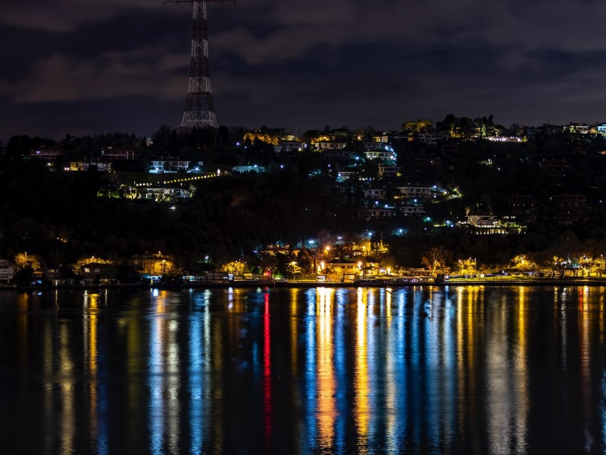 night city, city lights, coast, reflection, istanbul, turkey