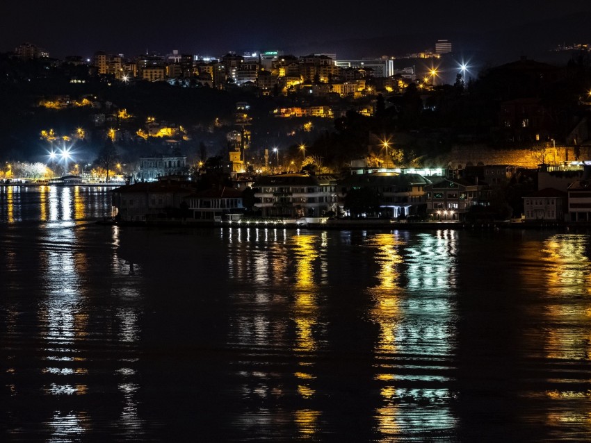 night city, city lights, coast, reflection, light, istanbul, turkey
