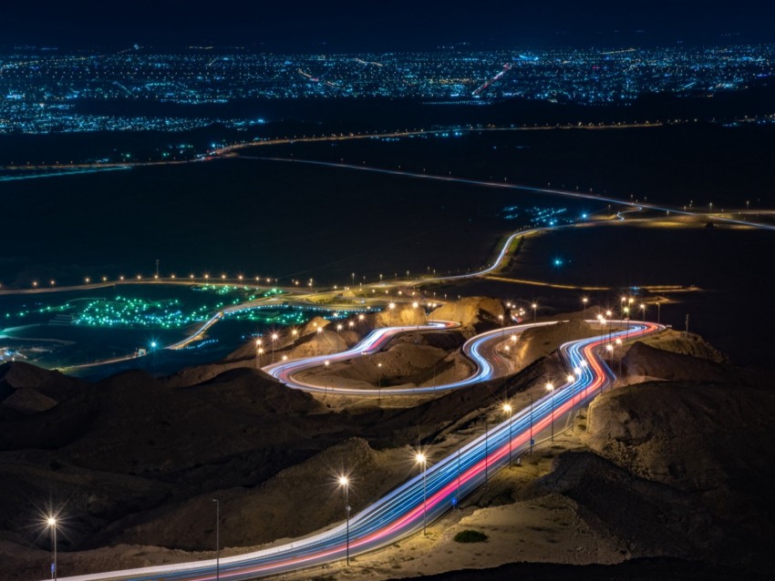 night city, city lights, long exposure, road, abu dhabi, united arab emirates