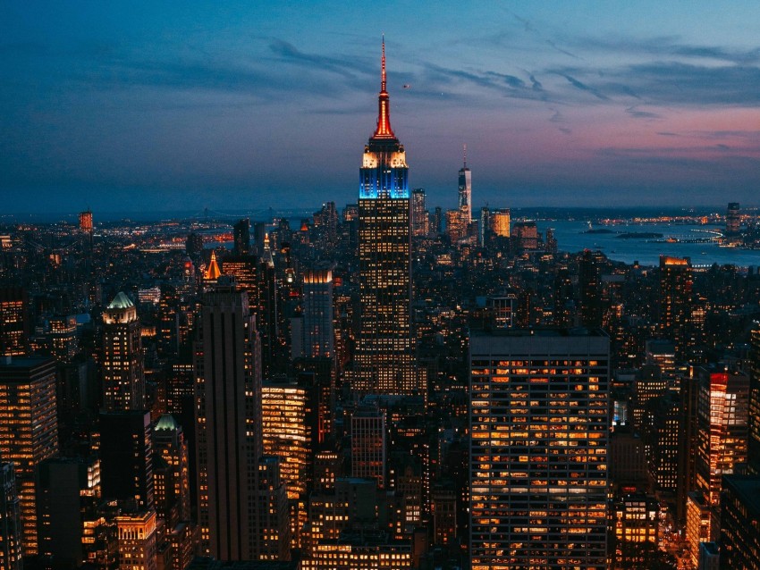 night city, city lights, skyscraper, new york, metropolis, top view, usa