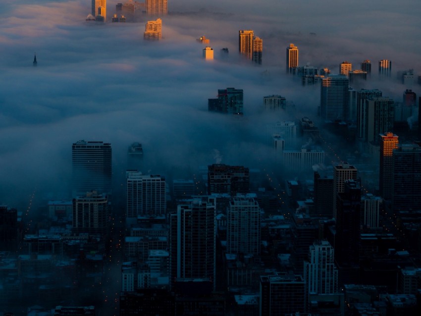 night city, clouds, aerial view, fog, skyscrapers