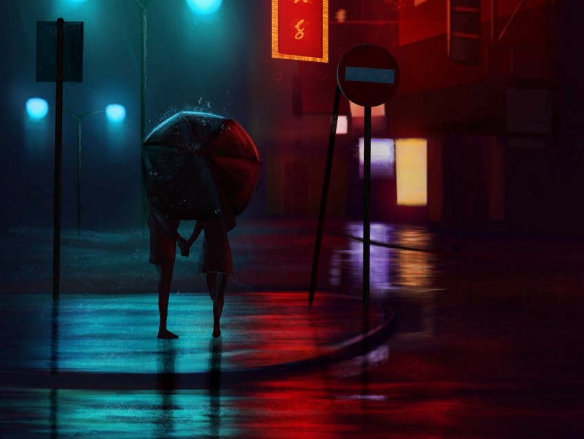 night city, couple, art, street, rain, umbrella, lights