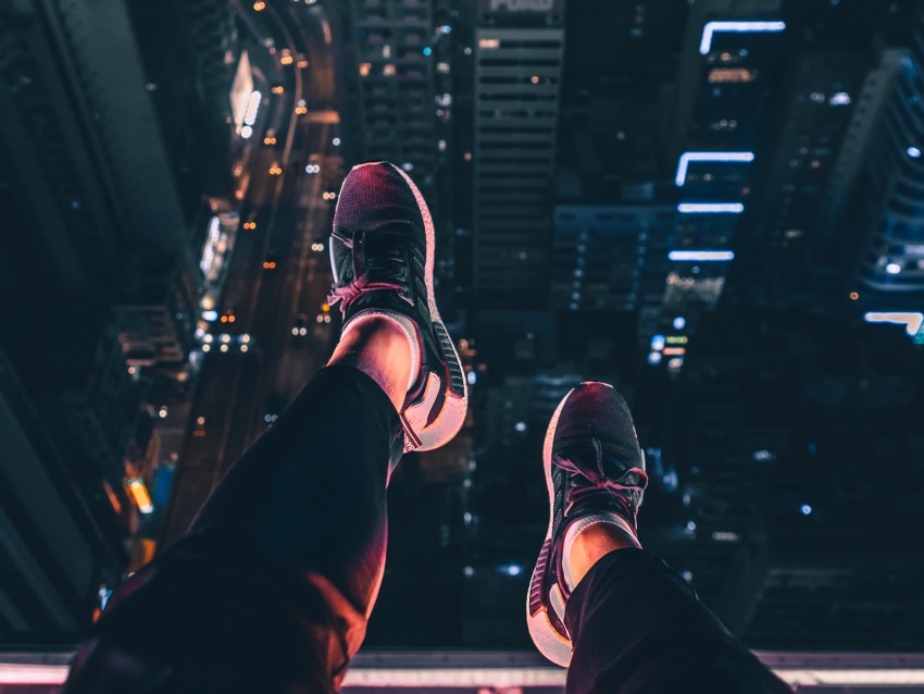 night city, feet, aerial view, overview, roof, night