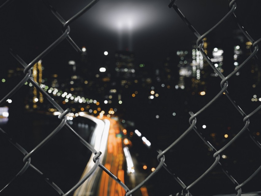 night city, fence, mesh, glare, blur