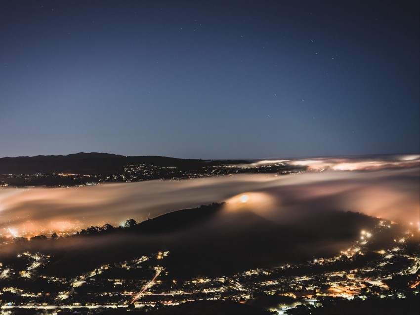 night city, fog, aerial view, horizon, veil