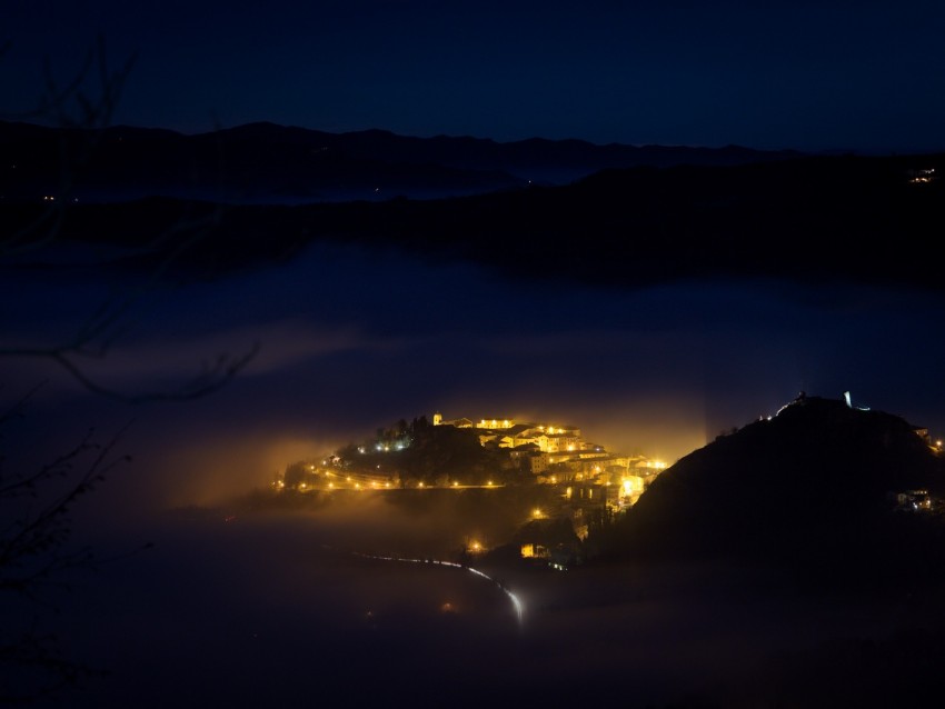 night, city, lights, mountains, fog, italy, aerial view