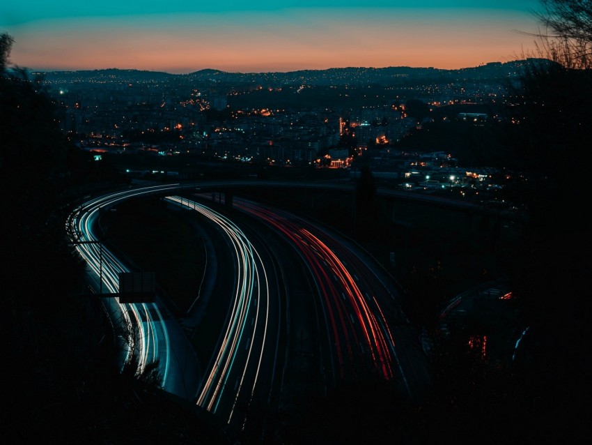 night city, long exposure, road, horizon