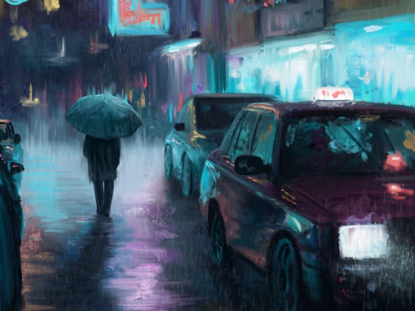 night city, rain, art, painting, silhouette, street, cars