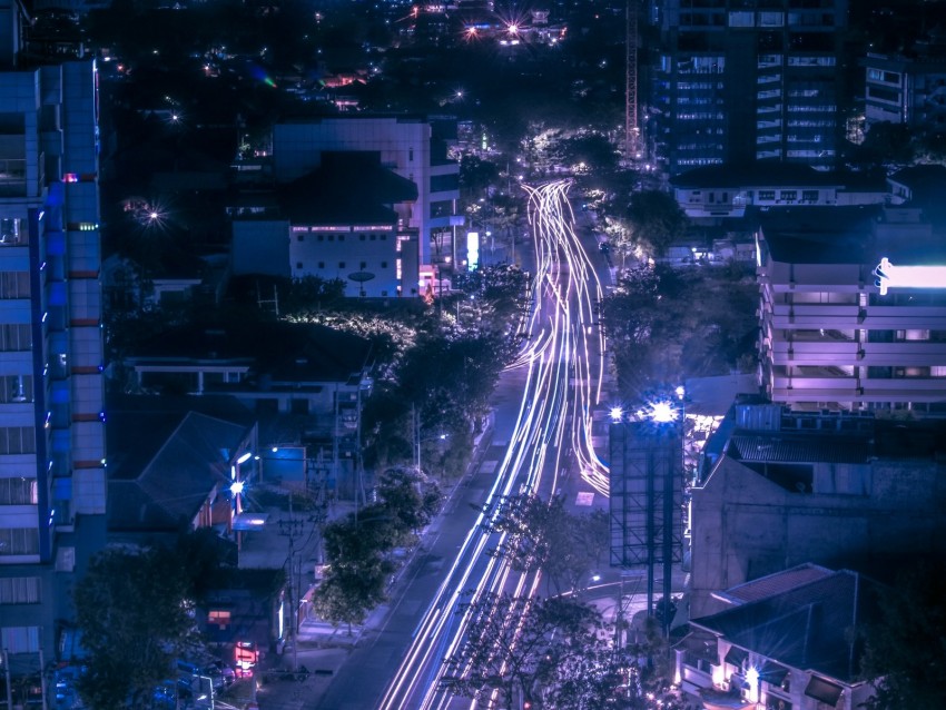 night city, road, aerial view, lights, movement
