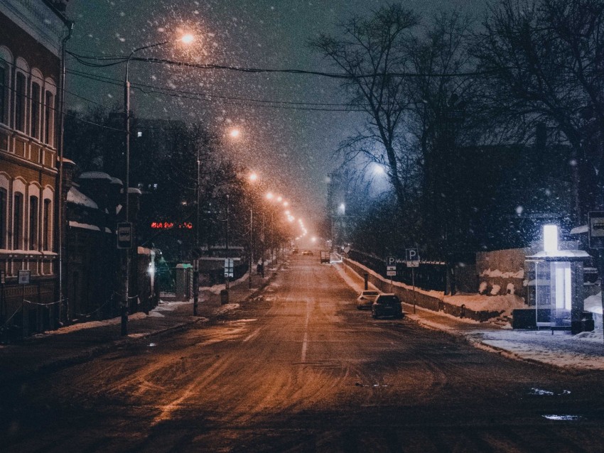 night city, road, snowfall, winter, twilight