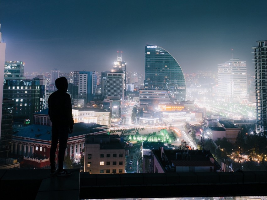 night city, roof, loneliness, silhouette, review