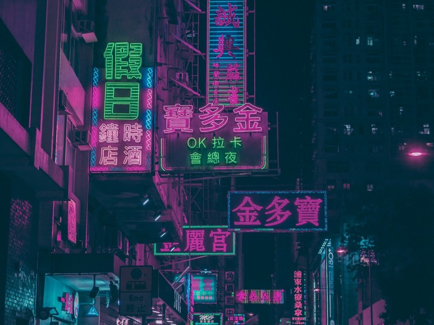 night city, signs, neon, street, hieroglyphs, reflection, hong kong
