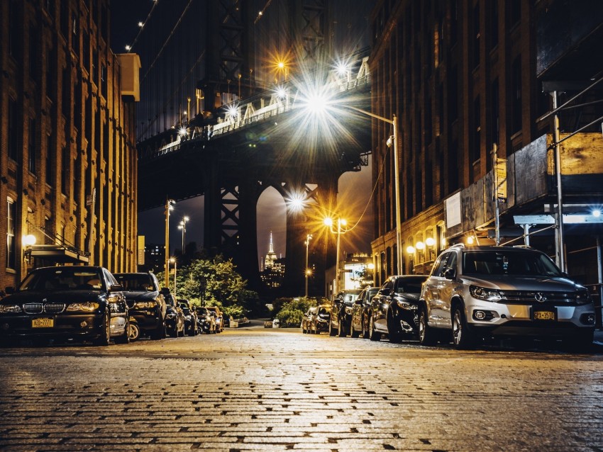 night city, street, bridge, cars, parking