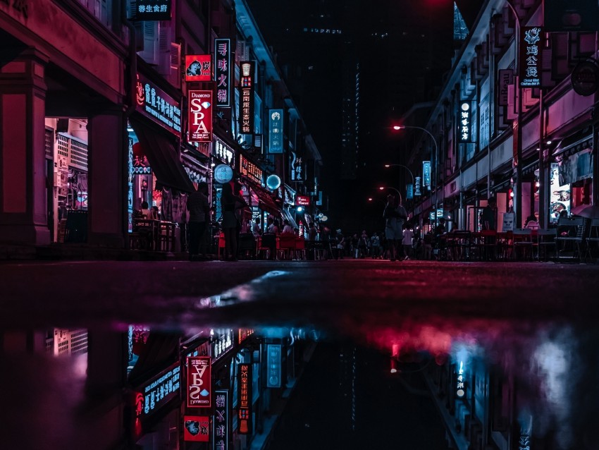 night city, street, city lights, reflection