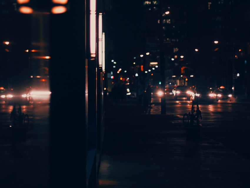 night city, street, dark, lights, buildings, cars