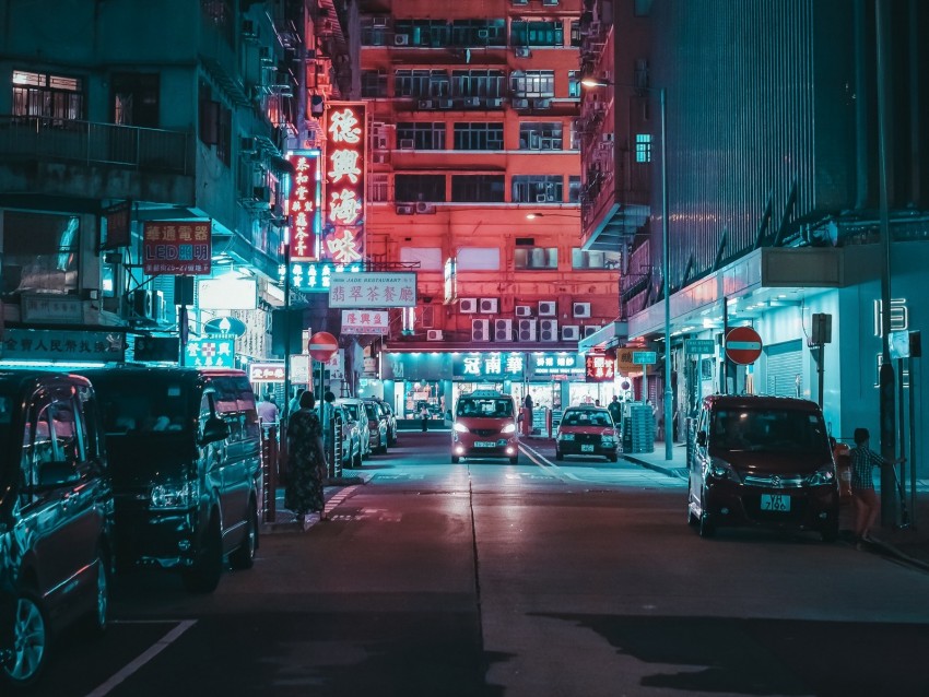 night city, street, lights, buildings, cars, people