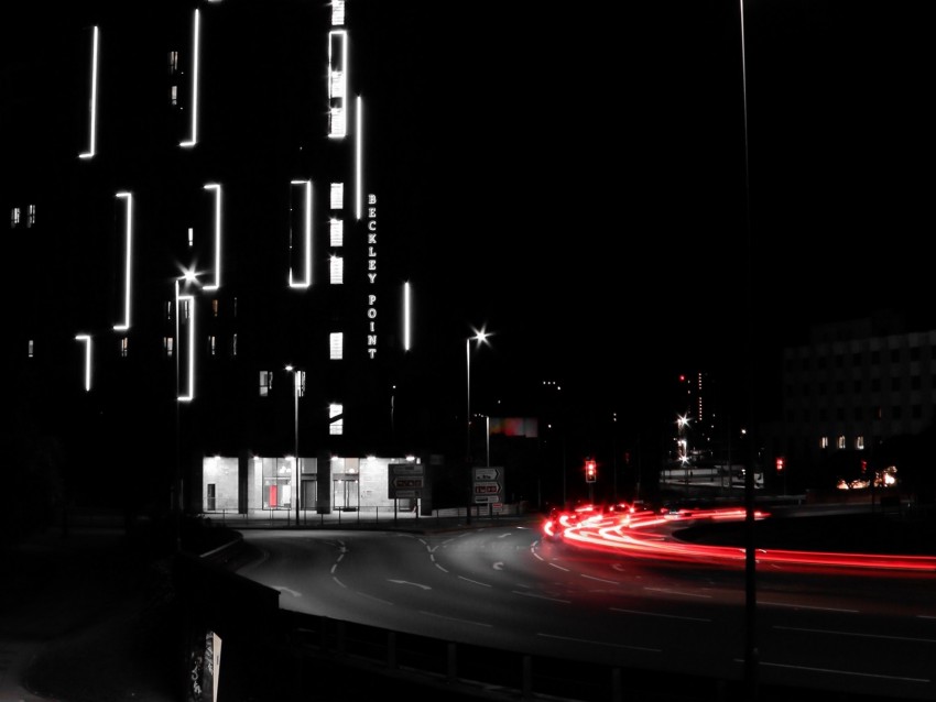 night city, street, lights, long exposure