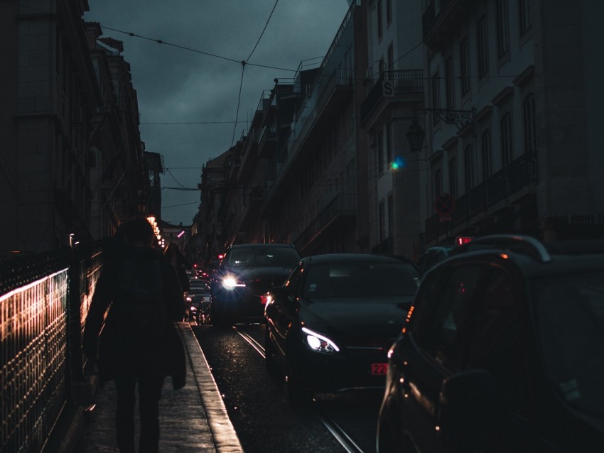 night city, traffic, silhouette, night, movement