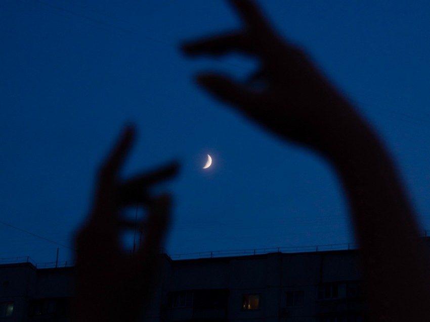 night, moon, dark, hands, building