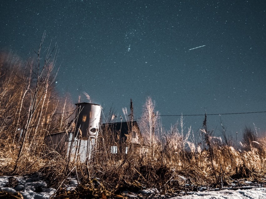night, starry sky, bushes, buildings, abandoned, countryside