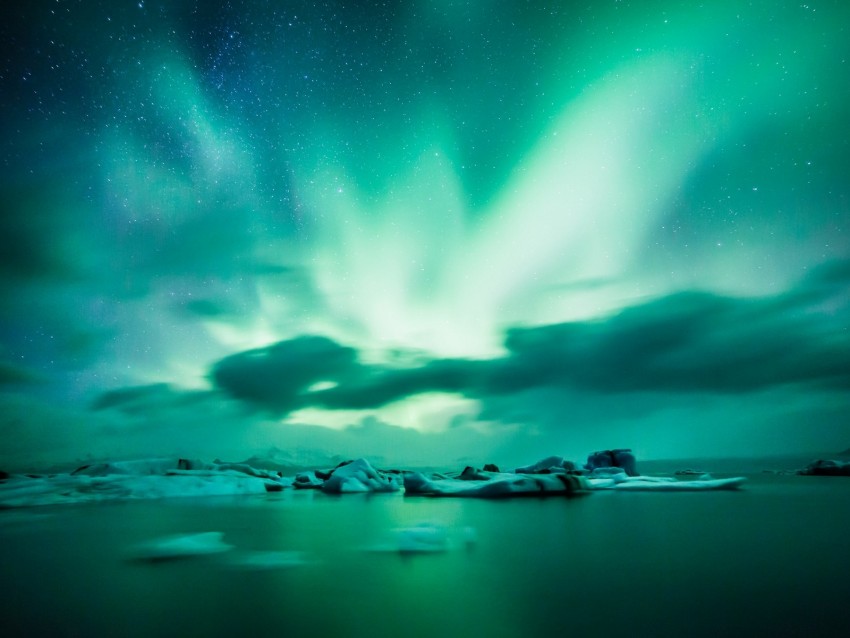 northern lights, aurora, lake, ice, horizon, iceland
