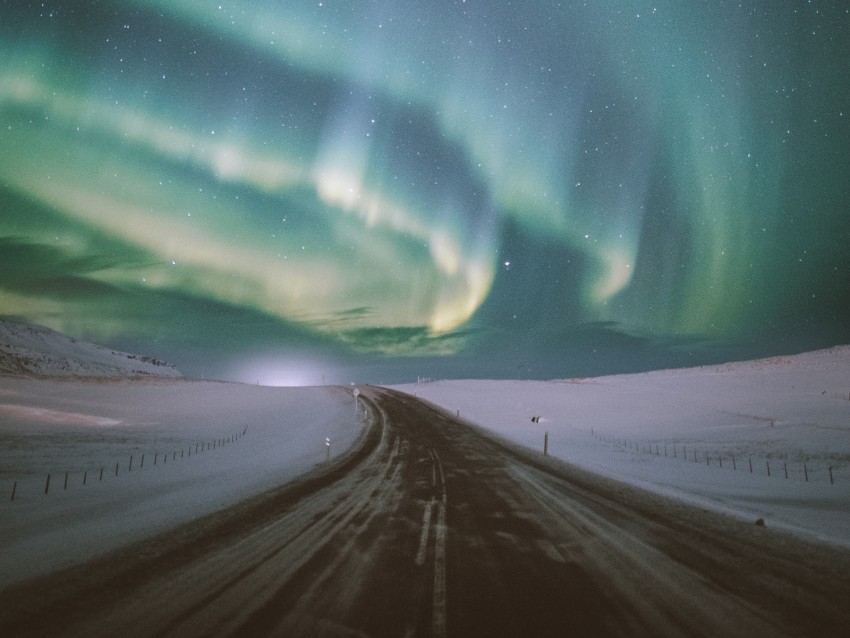 northern lights, aurora, road, snow, starry sky