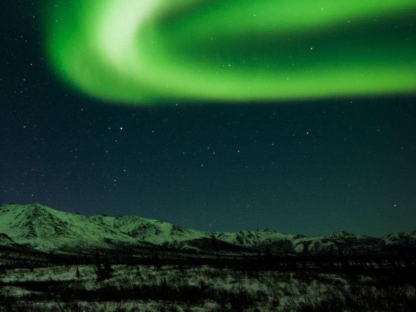 northern lights, mountains, night, starry sky, green, north