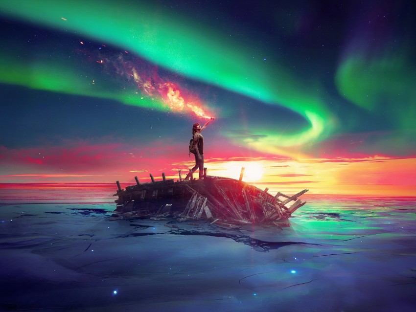 Northern Lights Photoshop Girl Ruins Lake Png - Free PNG Images