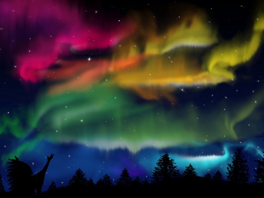 northern lights, silhouette, shaman, forest, sky, night
