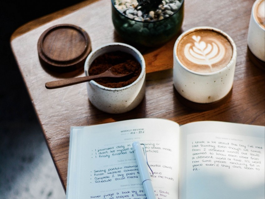 notebook, pen, cup, coffee, drink