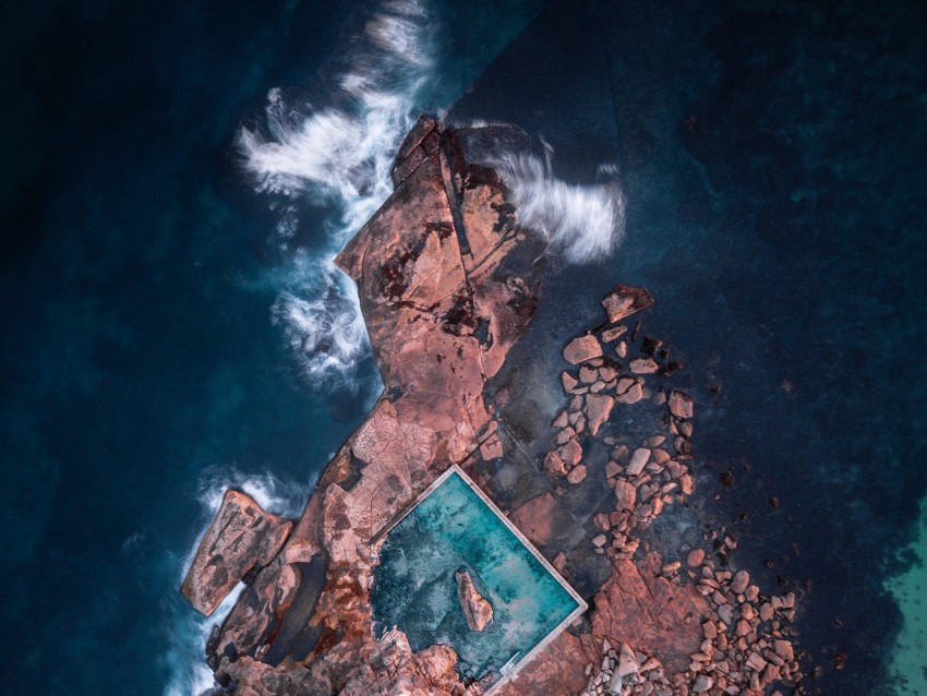ocean, aerial view, rocks, stones
