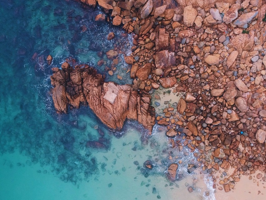 ocean, aerial view, stones, water, sand