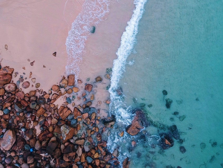 ocean, beach, aerial view, sand, stones, surf, foam