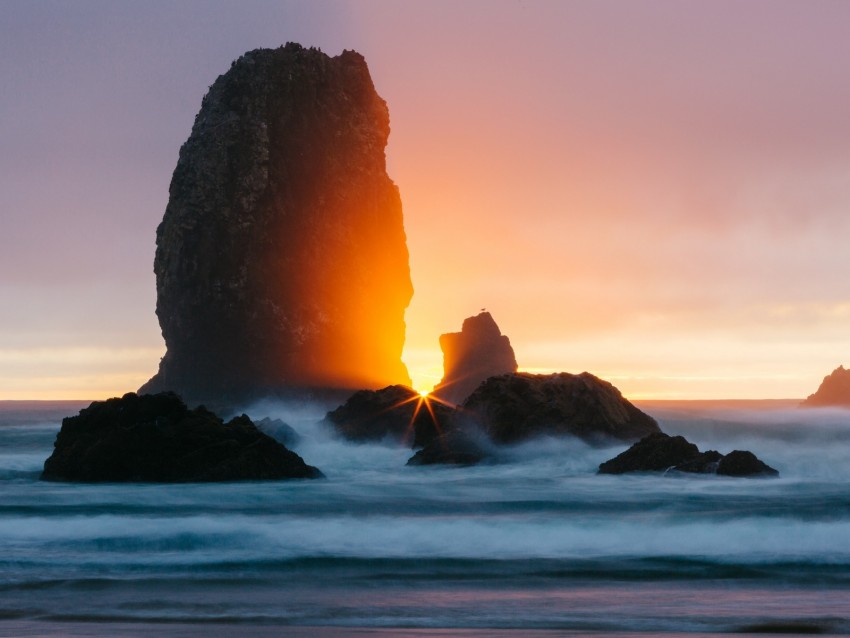 ocean, rock, sunset, rays, surf